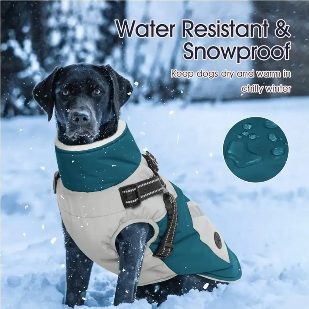 Large Dog Coat with Harness Built in Waterproof Windproof Dog Winter